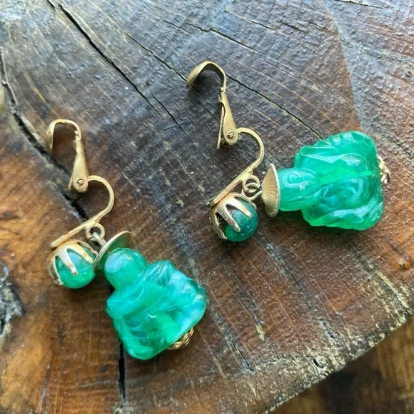 Vintage Hong Kong Signed Buddha Earrings Clip-On Dangles - Picture 7 of 10